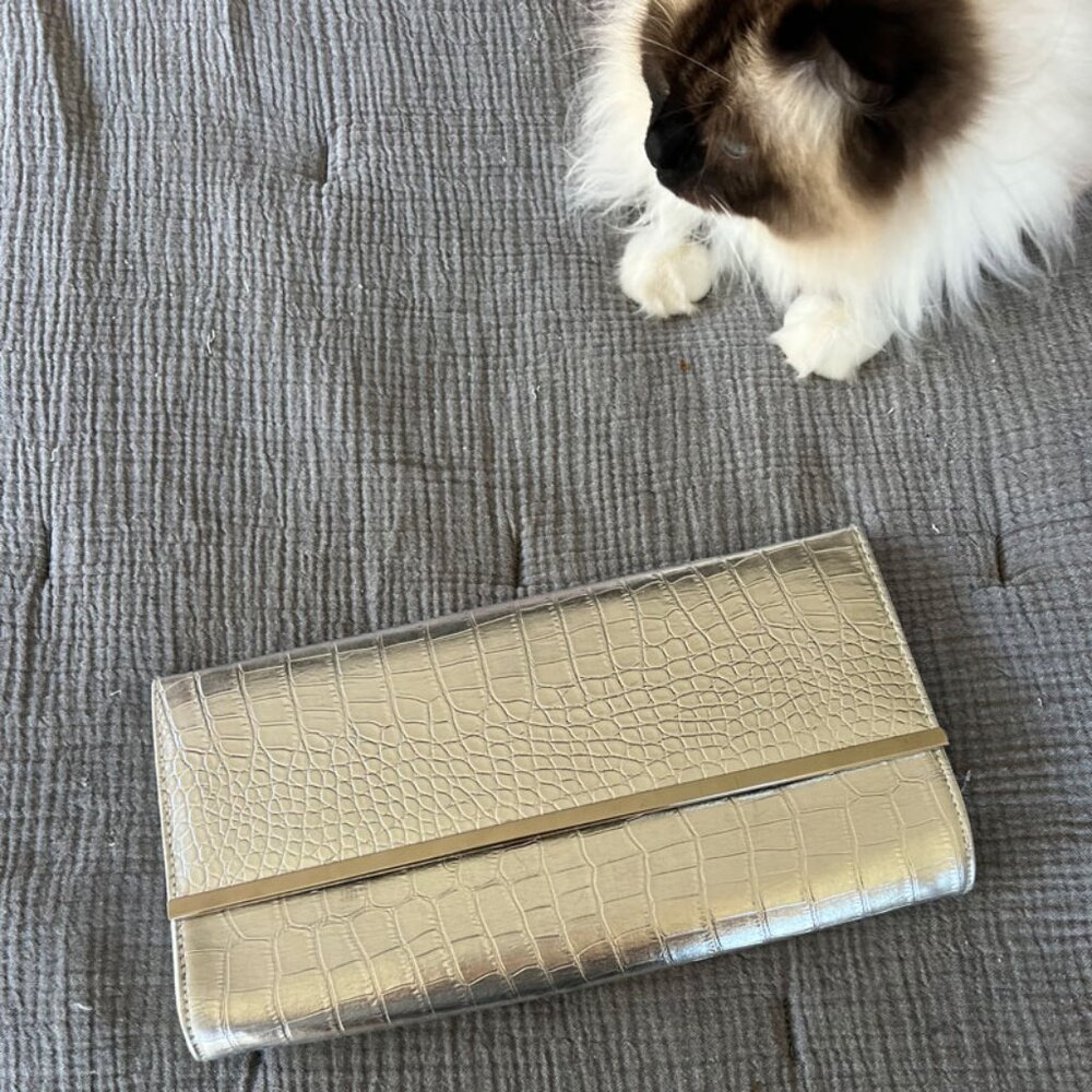 Silver Metallic Croc Embossed Clutch